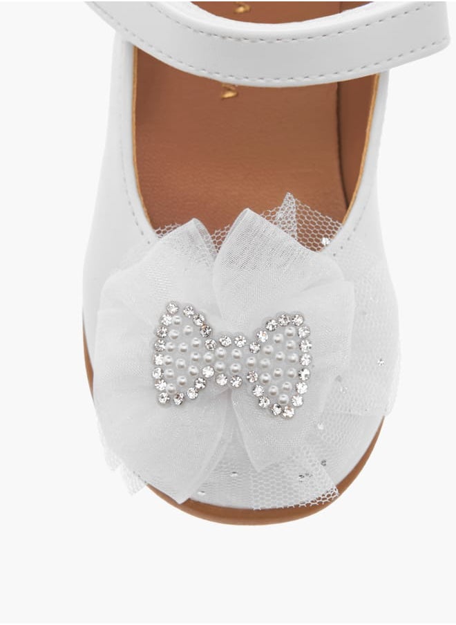 Girls Floral Bella Bow Embellished Mary Jane Shoes with Hook and Loop Closure