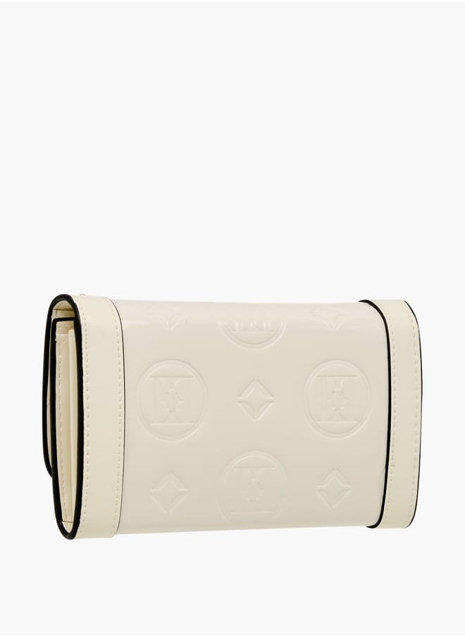 Women Logo Embossed Wallet with Button Closure and Charm Accent