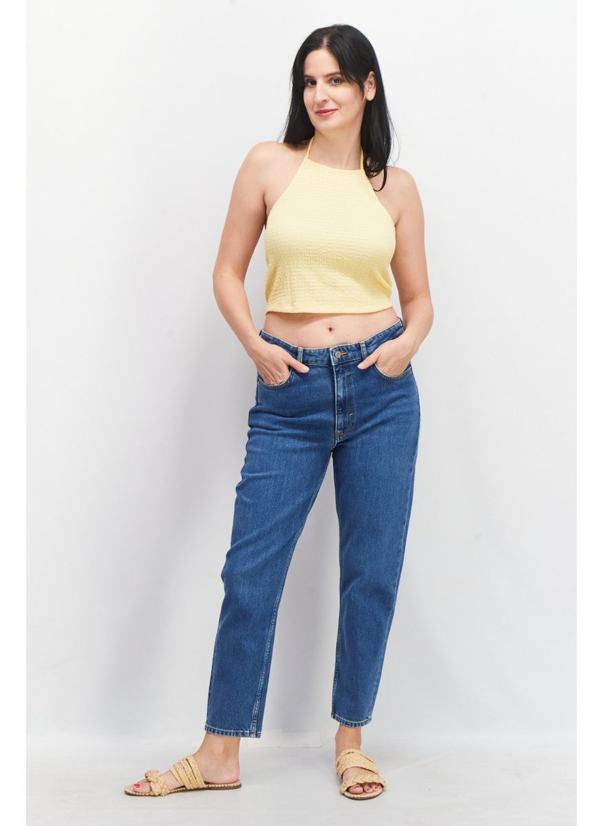 Women Mom Fit Textured Stretchable Jeans, Blue