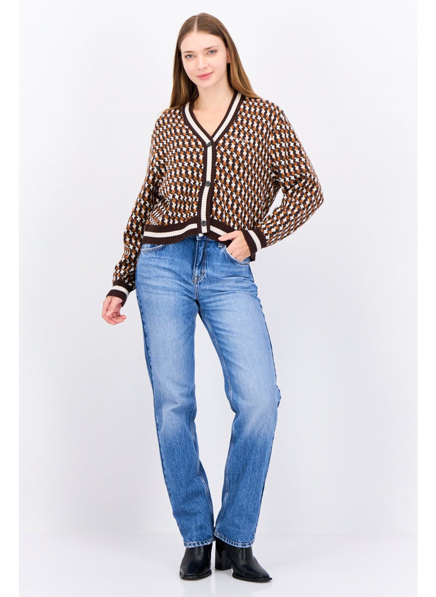 Women V-Neck Houndstooth Cardigan, Brown