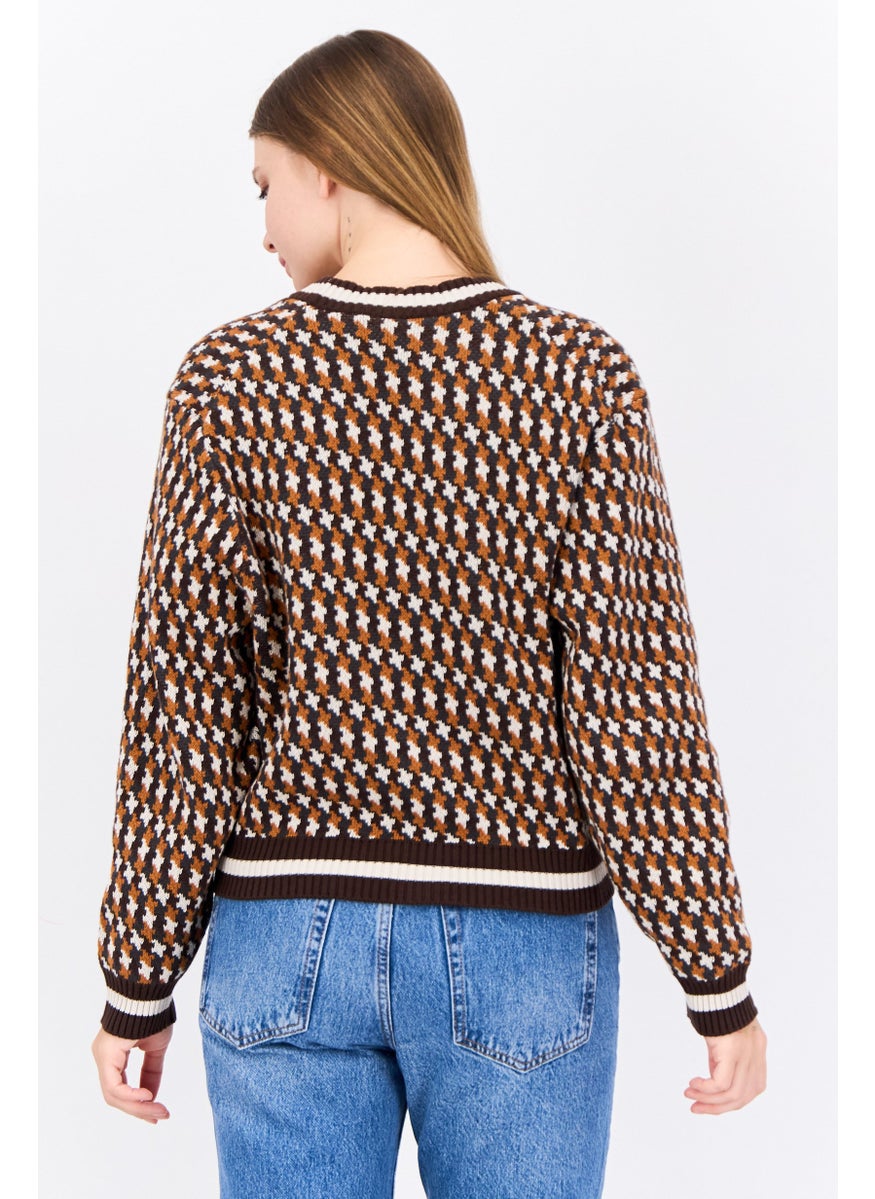 Women V-Neck Houndstooth Cardigan, Brown