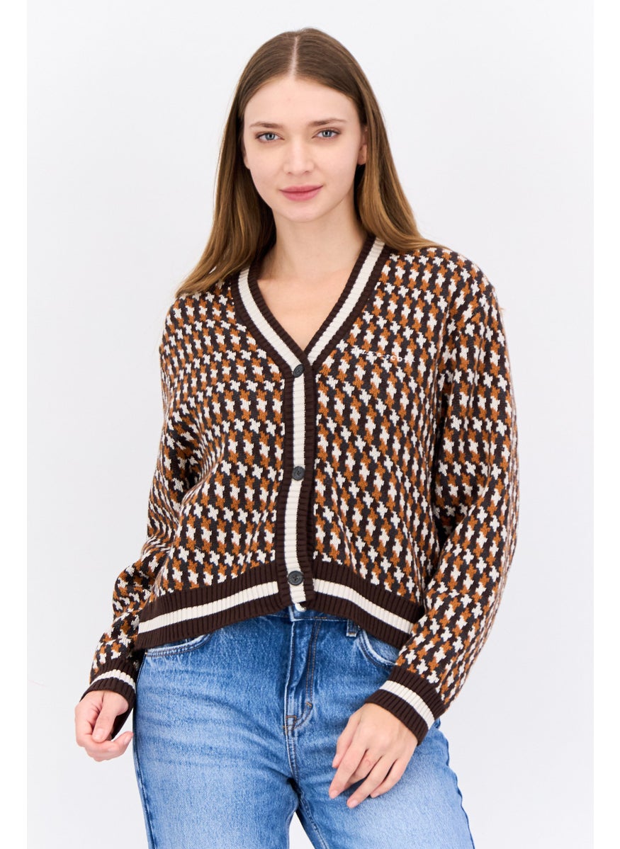 Women V-Neck Houndstooth Cardigan, Brown
