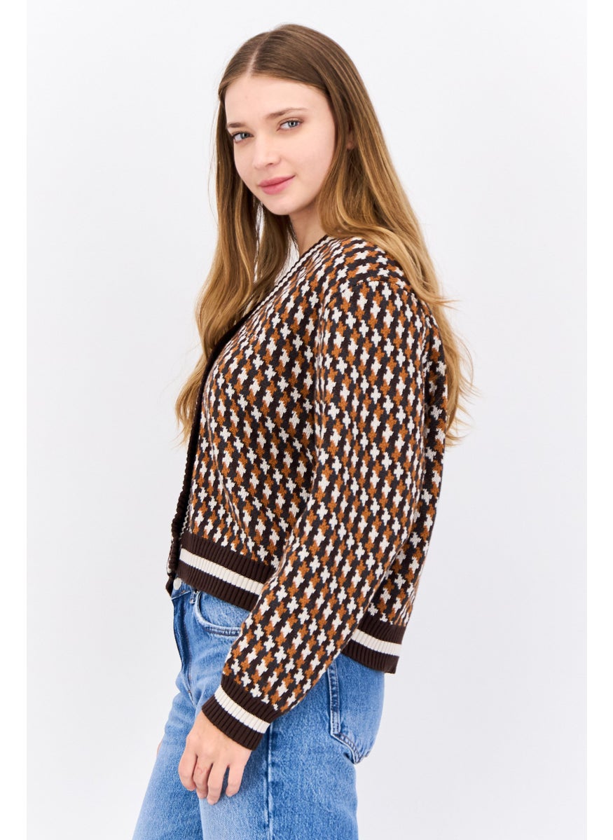 Women V-Neck Houndstooth Cardigan, Brown