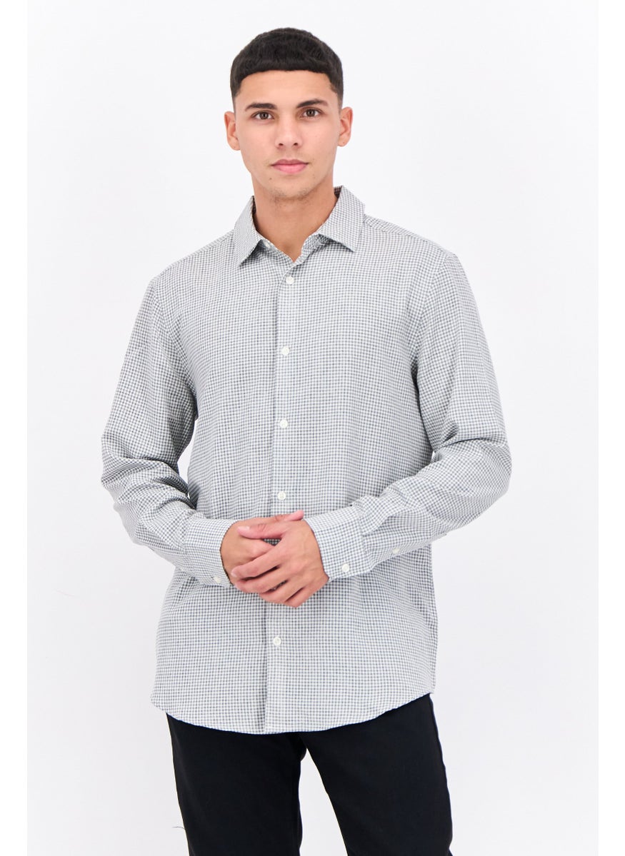 Men Stretch Fit Gingham Long Sleeves Casual Shirt, White