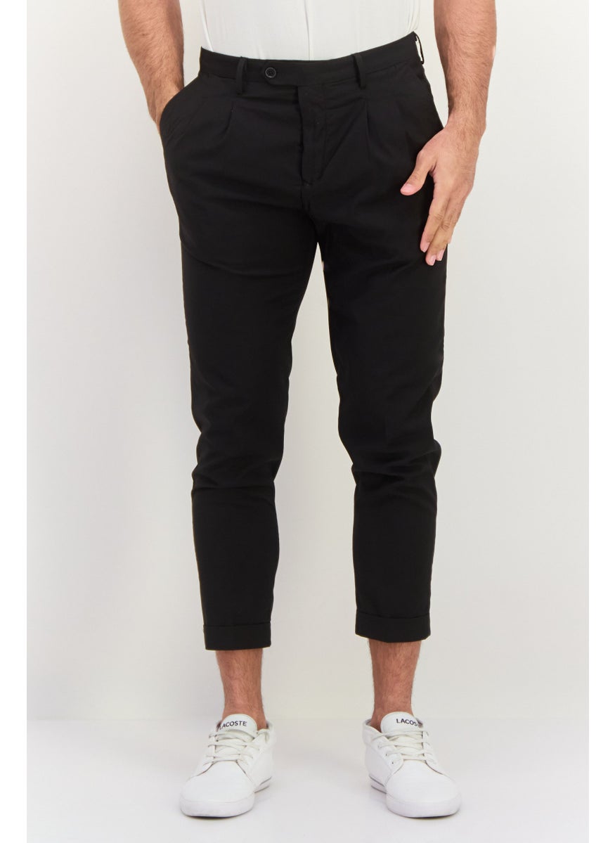 Men Regular Fit Plain Cropped Pants, Black