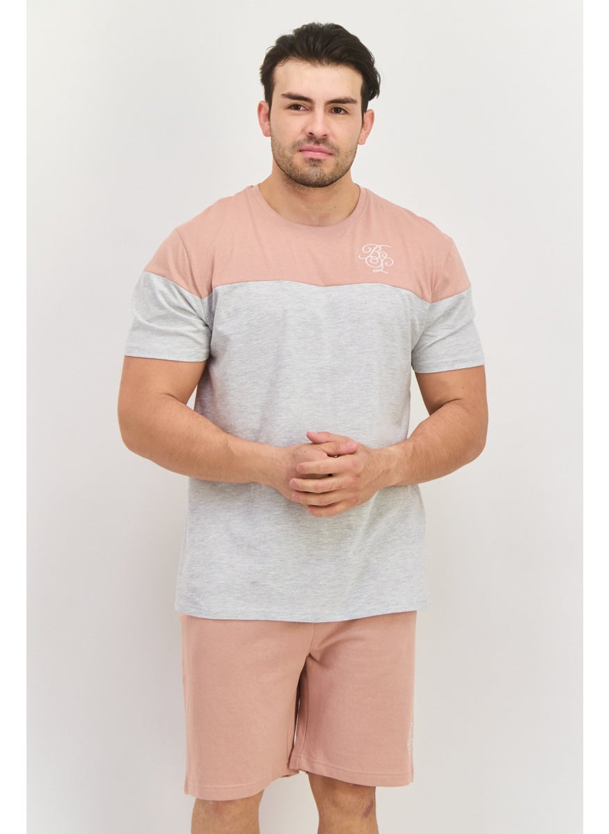 Men 2 Pieces Embroidered Logo T-Shirt And Short Pajama Set, Peach