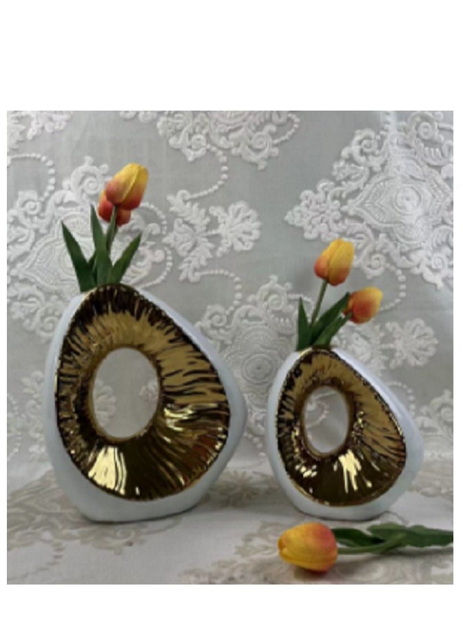 Ceramic Vase Modern Abstract White & Gold Vases, Elegant Decorative Accent Flower Vase for Living Room, Bedroom, Office, Entryway, Rustic & Contemporary Interior Design