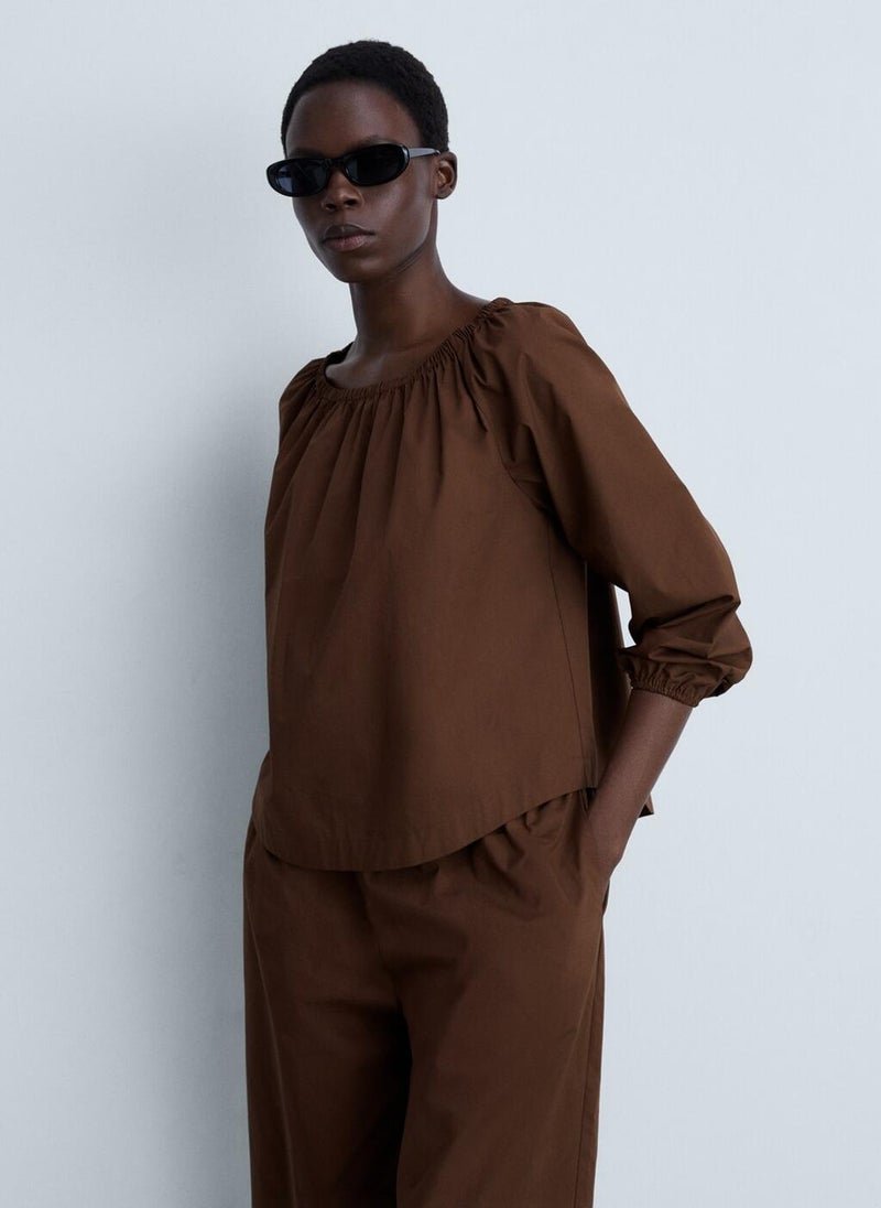 Cotton Blouse With Gathered Neck