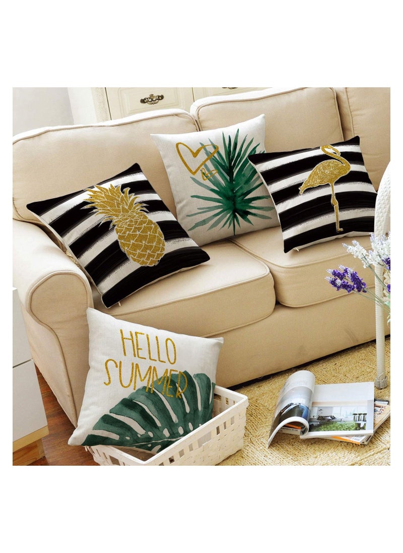 Throw Pillow Cover, Watercolor Stripes Tropical Plants Throw Pillow Cover, Pineapple Flamingo Monstera Cushion Case for Sofa Couch Set of 4 (45 * 45 cm)