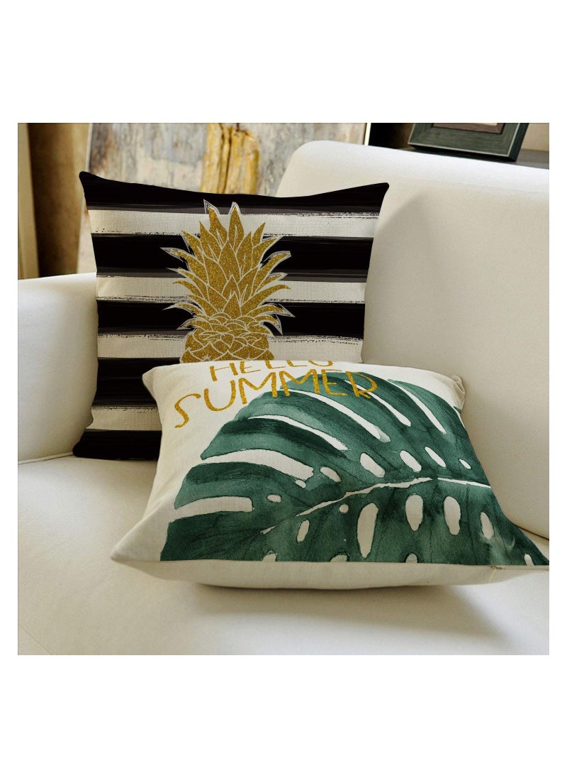 Throw Pillow Cover, Watercolor Stripes Tropical Plants Throw Pillow Cover, Pineapple Flamingo Monstera Cushion Case for Sofa Couch Set of 4 (45 * 45 cm)