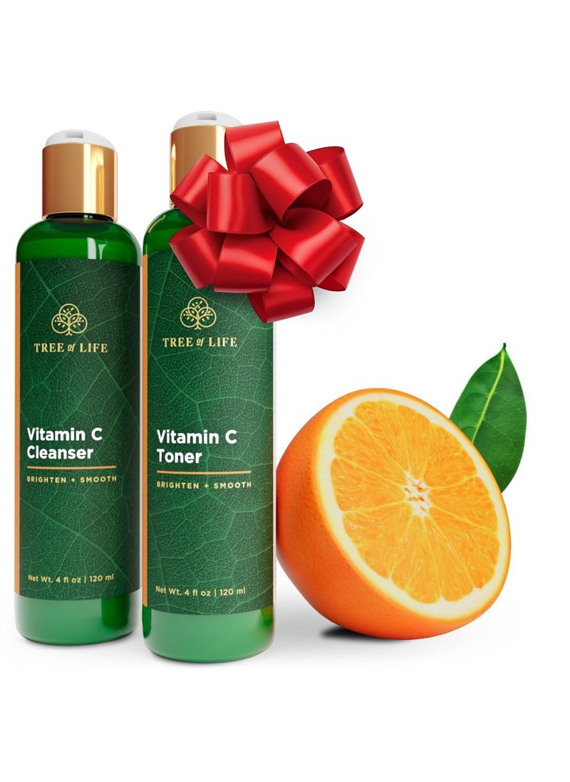Tree of Life Beauty Vitamin C Brightening Duo, Facial Toner for Minimizing Pores & Facial Cleanser for Gentle Deep Cleaning with Organic Aloe, Clean Dermatologist-Tested Skin Care, 2 X 4 Fl Oz