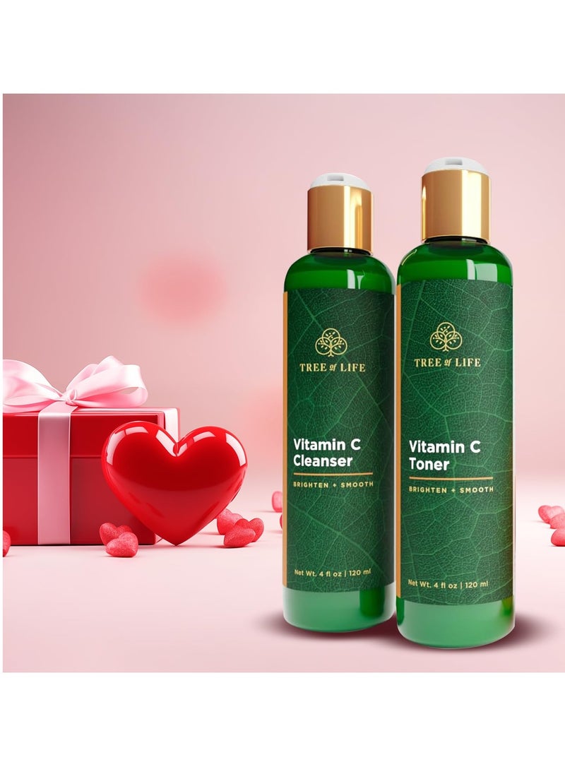 Tree of Life Beauty Vitamin C Brightening Duo, Facial Toner for Minimizing Pores & Facial Cleanser for Gentle Deep Cleaning with Organic Aloe, Clean Dermatologist-Tested Skin Care, 2 X 4 Fl Oz