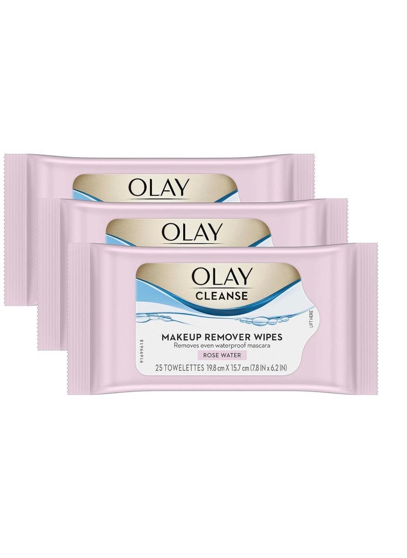 Olay Cleanse Makeup Remover Cleansing Face Wipes, Daily Facial Towelettes, Rose Water, 25 Count, 3 Pack