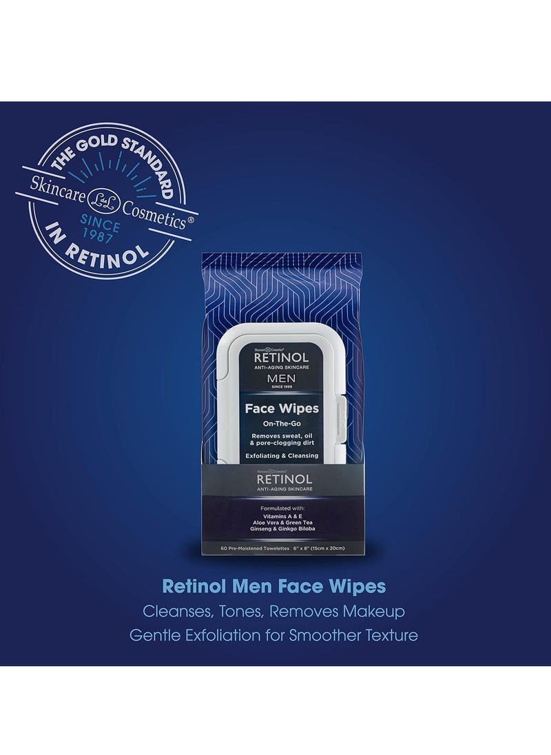 Retinol Men Facial Wipes Anti-Aging Cleansing Towelettes - Quickly cleanse face from sweat, oil and pore-clogging dirt without any heavy residue