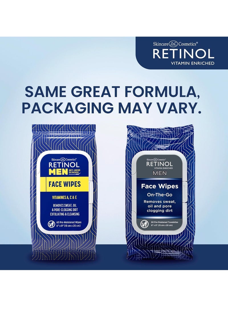 Retinol Men Facial Wipes Anti-Aging Cleansing Towelettes - Quickly cleanse face from sweat, oil and pore-clogging dirt without any heavy residue