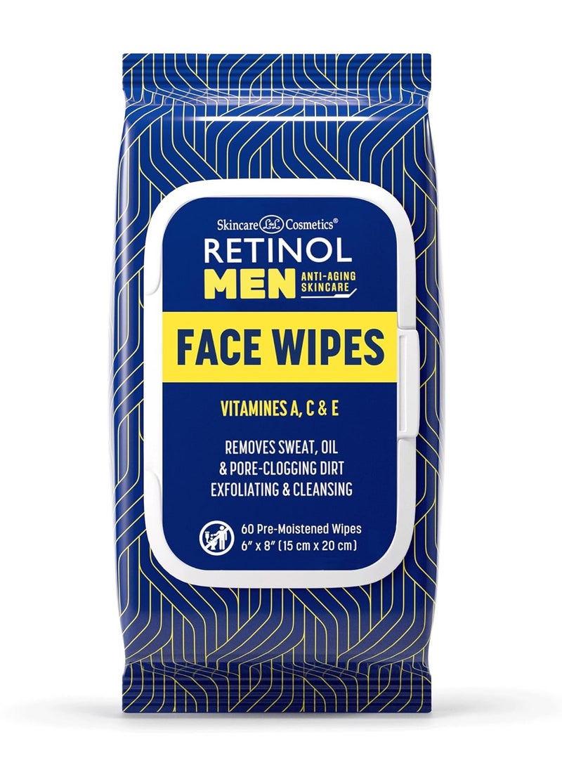 Retinol Men Facial Wipes Anti-Aging Cleansing Towelettes - Quickly cleanse face from sweat, oil and pore-clogging dirt without any heavy residue