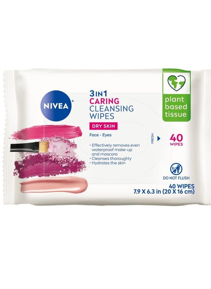 NIVEA 3in1 Caring Cleansing Wipes for Face and Eyes, Effective as a Waterproof Makeup Remover, Gentle Facial Cleanser for Dry and Sensitive Skin, 40 Ct