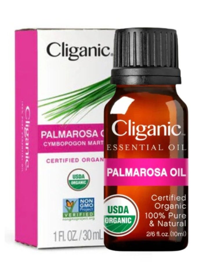 Organic Palmarosa Essential Oil 10ml, 100% Pure Natural Undiluted, For Aromatherapy, Non-GMO Verified