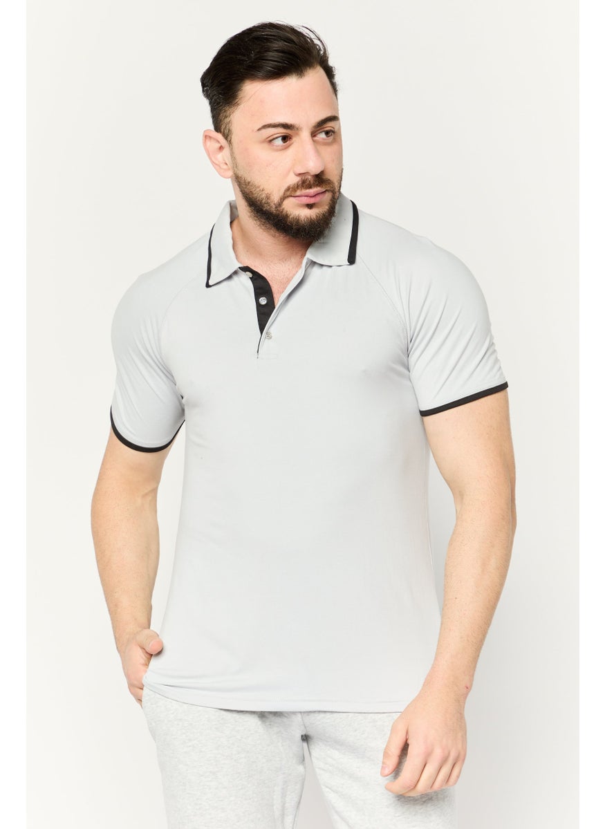 Men Regular Fit Brand Logo Short Sleeves Polo Shirt, Light Grey