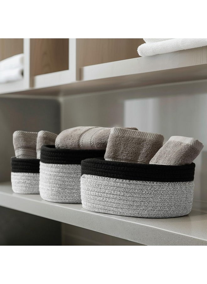 LA JOLIE MUSE Rope Storage Baskets for Organizing, Small Cotton Woven Basket for Bathroom Shelf Nursery, Decorative Basket Organizer Bins 3 Pack, Pewter Grey and Black