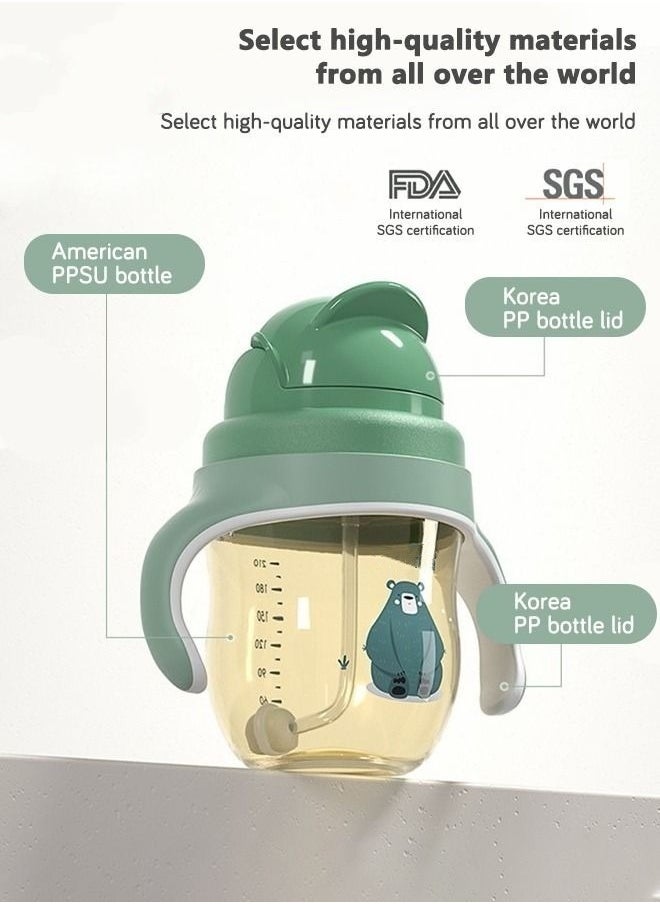 PPSU Baby Sippy Cup Boys and Girls Toddler Straw Cups Kids Water Bottle Spill Proof for School Outdoor Or Indoor BPA Free Easy To Hold Green 260ml