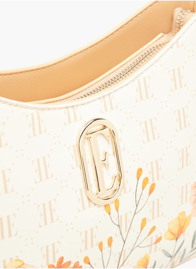 Women Monogram Print Shoulder Bag with Zip Closure and Adjustable Strap