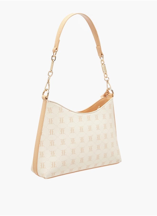 Women Monogram Print Shoulder Bag with Zip Closure and Adjustable Strap