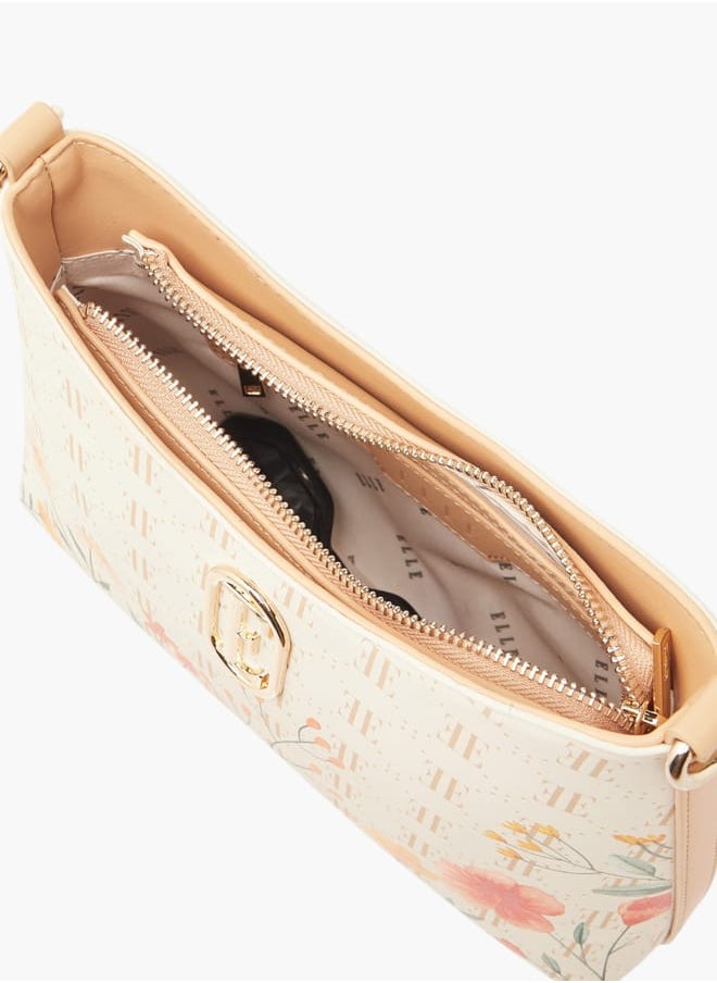 Women Monogram Print Shoulder Bag with Zip Closure and Adjustable Strap