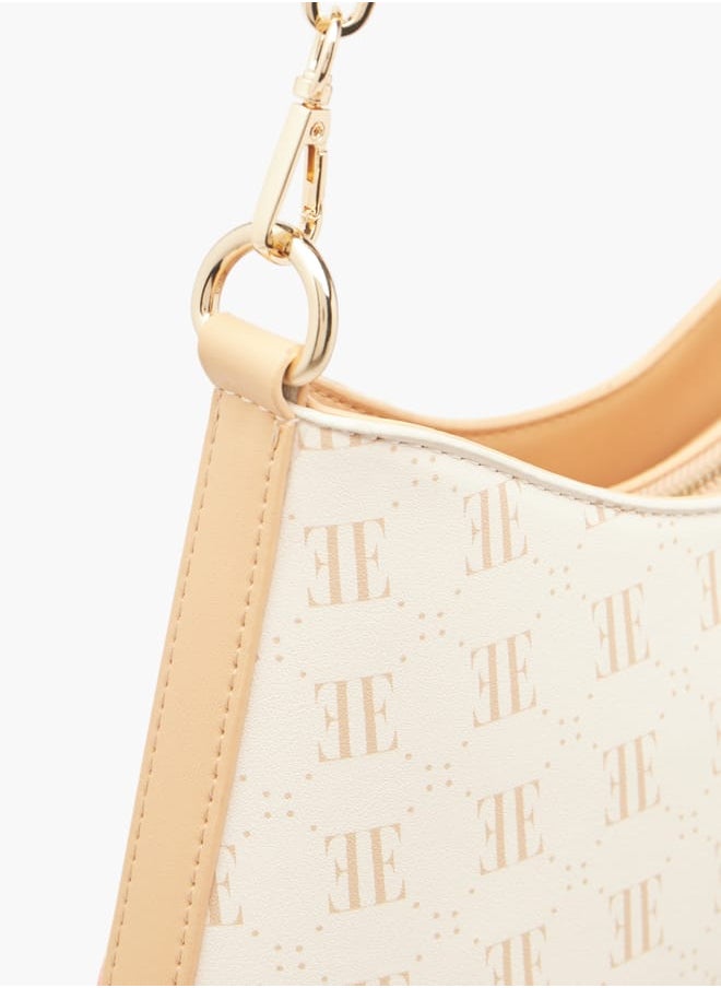 Women Monogram Print Shoulder Bag with Zip Closure and Adjustable Strap