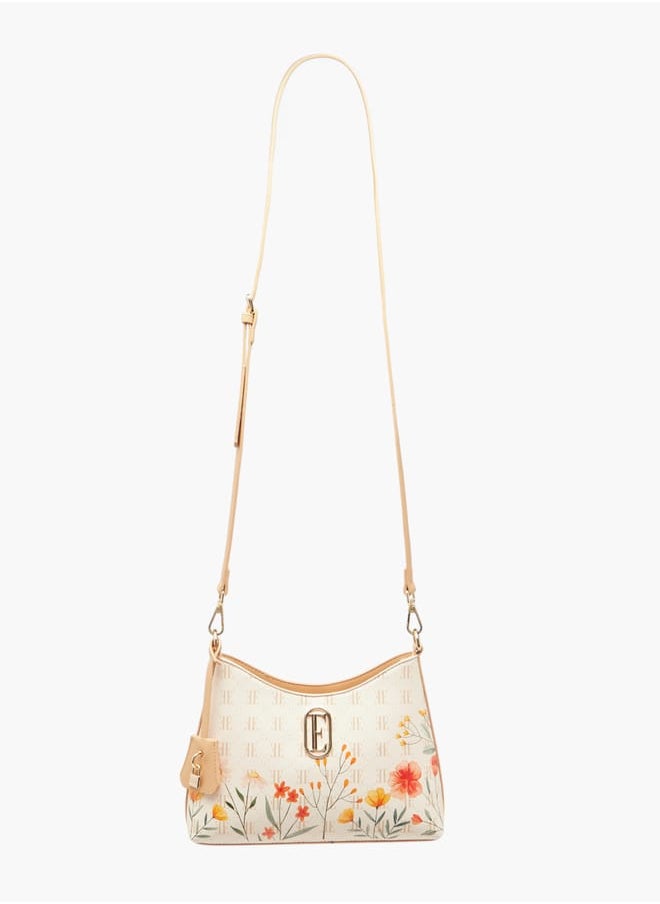 Women Monogram Print Shoulder Bag with Zip Closure and Adjustable Strap