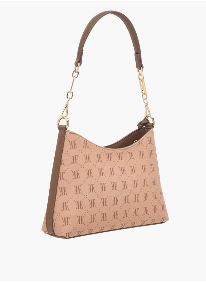 Women Monogram Print Shoulder Bag with Zip Closure and Adjustable Strap