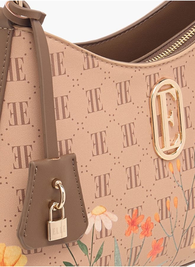 Women Monogram Print Shoulder Bag with Zip Closure and Adjustable Strap