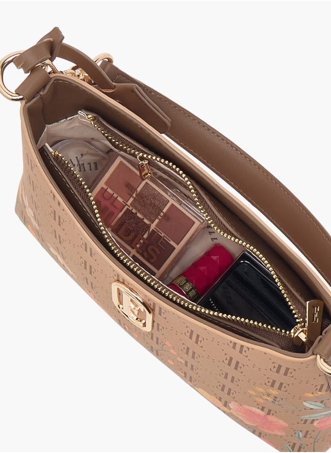 Women Monogram Print Shoulder Bag with Zip Closure and Adjustable Strap