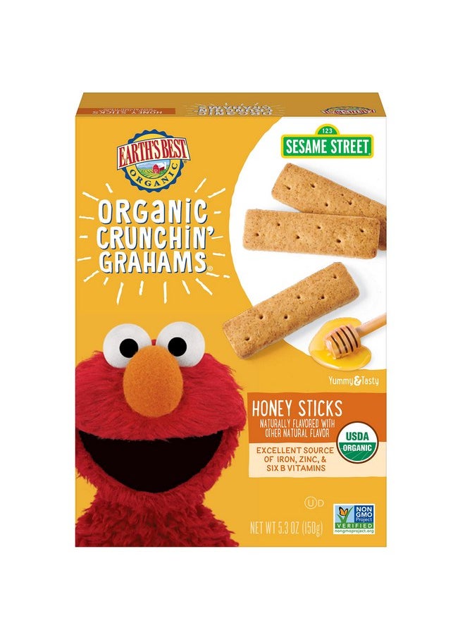 Earth's Best Organic Kids Snacks, Sesame Street Toddler Snacks, Organic Crunchin' Grahams for Toddlers 2 Years and Older, Honey Sticks with other Natural Flavors, 5.3 oz Box