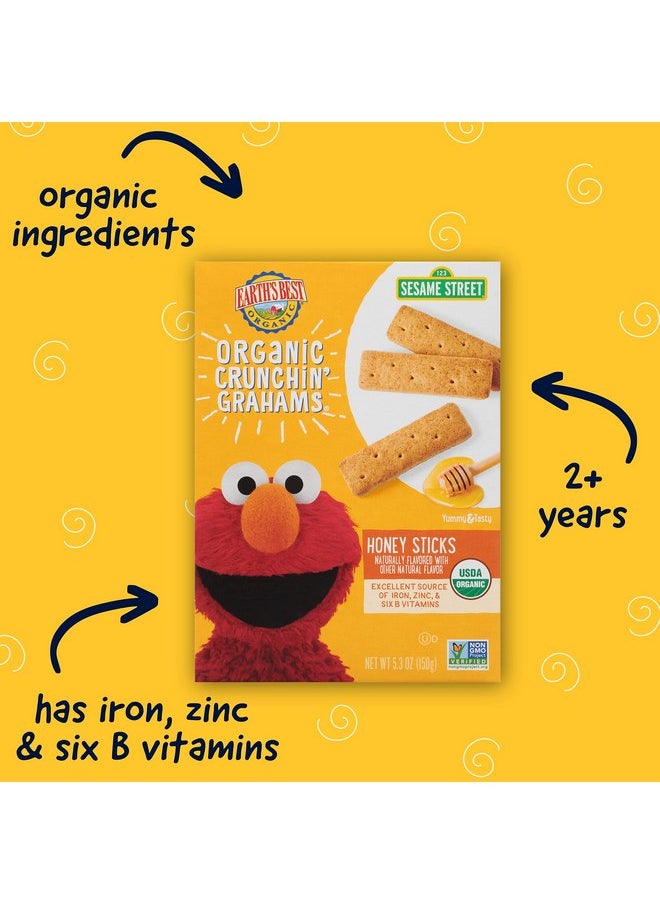 Earth's Best Organic Kids Snacks, Sesame Street Toddler Snacks, Organic Crunchin' Grahams for Toddlers 2 Years and Older, Honey Sticks with other Natural Flavors, 5.3 oz Box