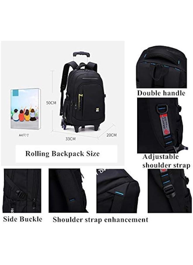 Black Kids Boys Rolling Backpack Teens Carry-on Luggage with Wheels Trolly BookBag for School-2 Wheels