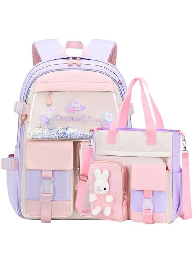 Bunny Backpack for Girls Kawaii Girls School Bag Cute Sequin Kids Bookbags with Tuition Tote Bag