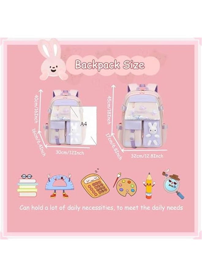 3Pcs Bunny Backpack Set for Girls Kawaii Girls Backpack for School Kids Backpack with Lunch Box Set-3Pcs Blue L