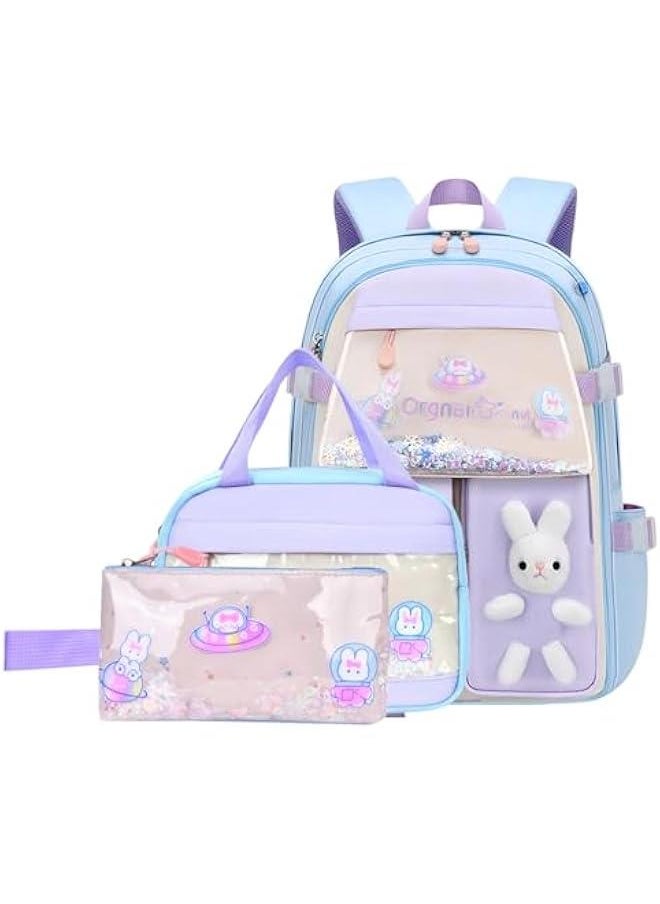 3Pcs Bunny Backpack Set for Girls Kawaii Girls Backpack for School Kids Backpack with Lunch Box Set-3Pcs Blue L