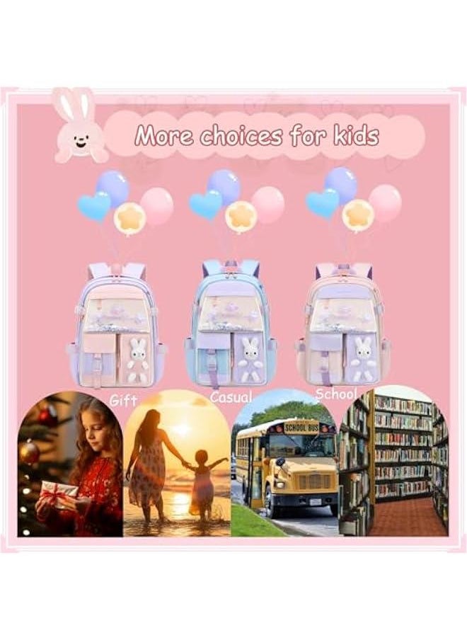 3Pcs Bunny Backpack Set for Girls Kawaii Girls Backpack for School Kids Backpack with Lunch Box Set-3Pcs Blue L