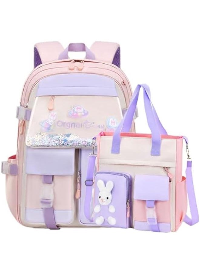 Bunny Backpack for Girls Kawaii Girls School Bag Cute Sequin Kids Bookbags with Tuition Tote Bag