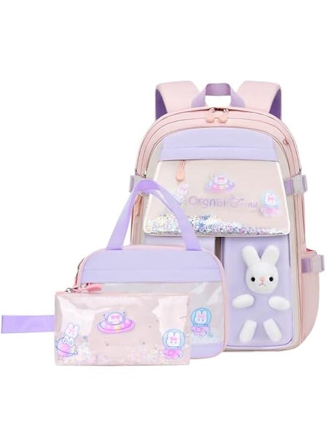 3Pcs Bunny Backpack Set for Girls Kawaii Girls Backpack for School Kids Backpack with Lunch Box Set-3Pcs Pink S