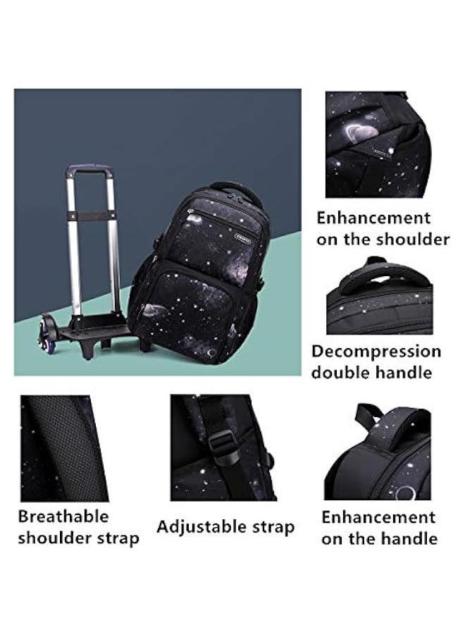 Elementary Galaxy Teens Rolling Backpack Kids Boys Luggage with Wheels Trolly BookBag for School-6 Wheels