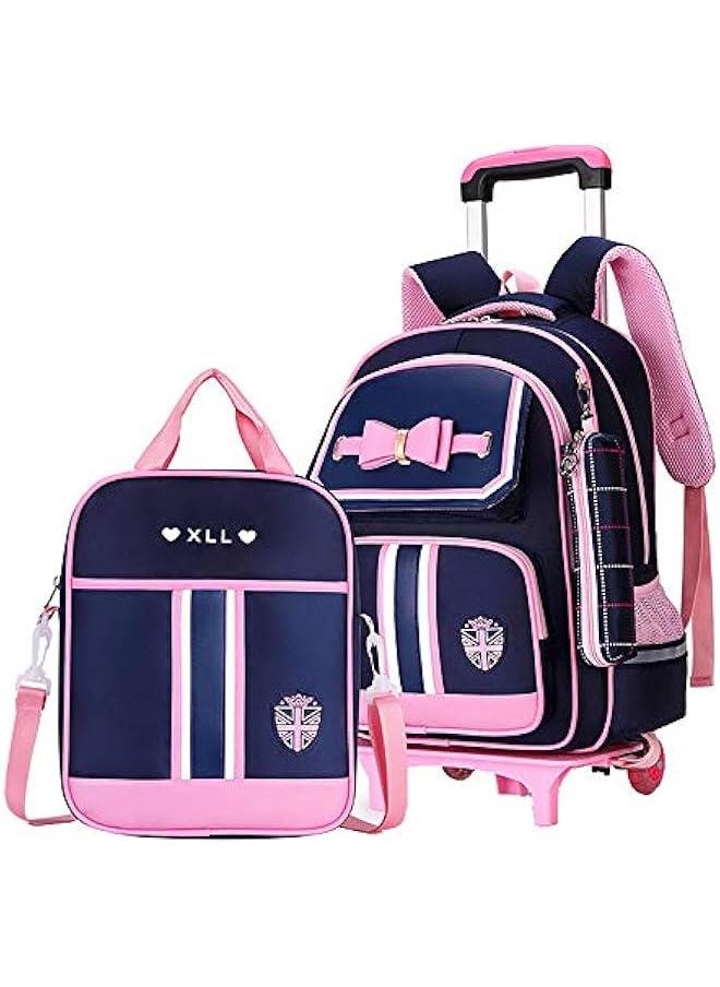 Bowknot Kids Girls Rolling Backpack Cute Carry-on Luggage with Wheels Trolly BookBag for School-2 Wheels