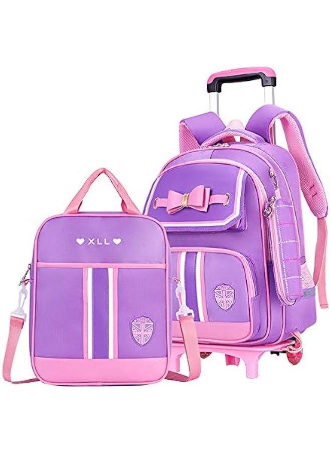 Bowknot Kids Girls Rolling Backpack Cute Carry-on Luggage with Wheels Trolly BookBag for School-2 Wheels