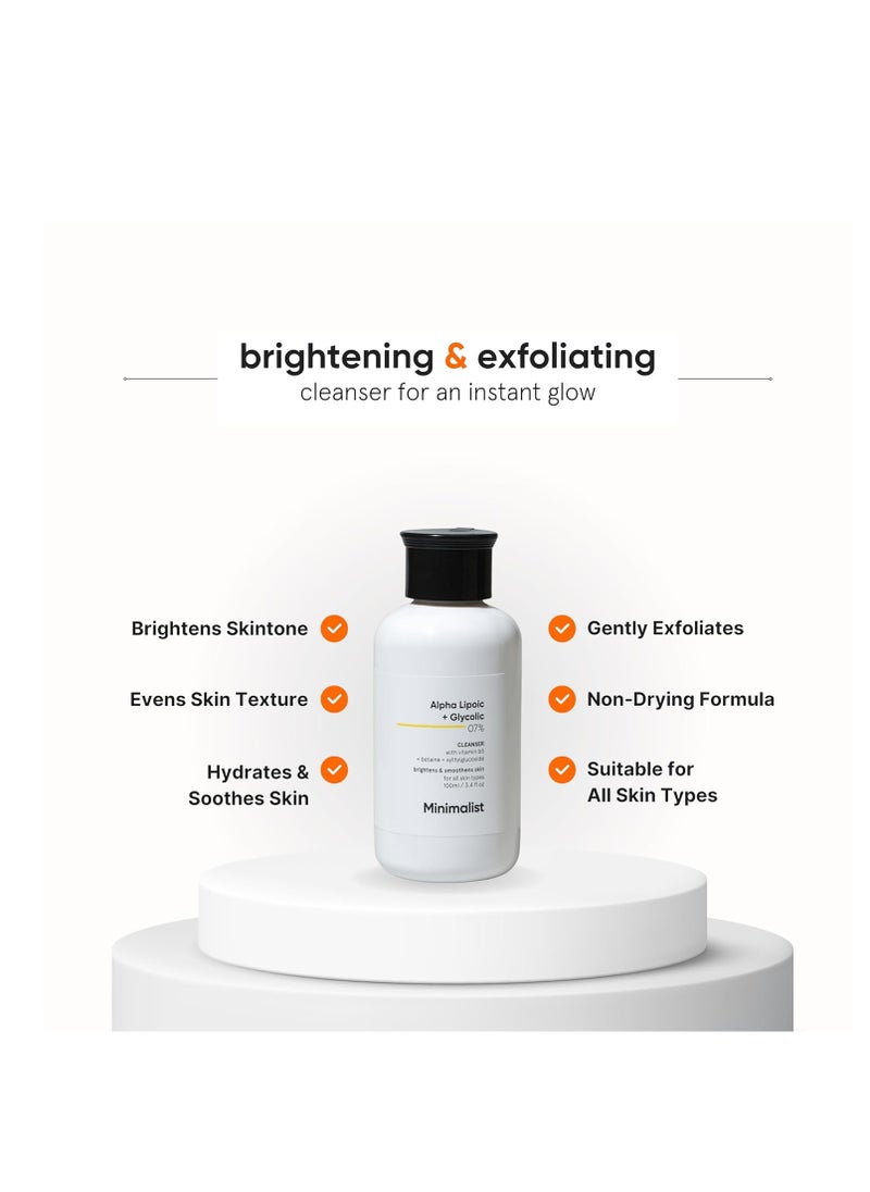 Minimalist 7% ALA & AHA Face Wash for Brightening, Exfoliating, Glow & Even Tone | With Vitamin B5 For Hydration & Glycolic Acid For Exfoliation | 3.4 Fl Oz / 100 ml