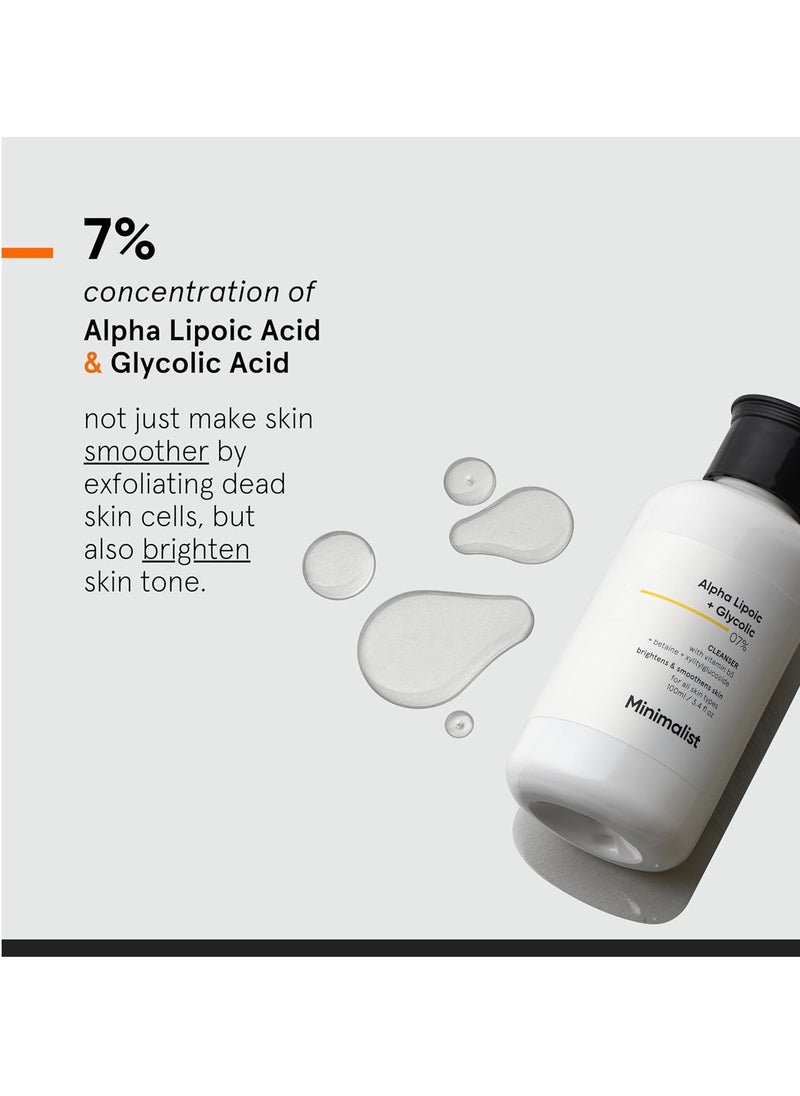 Minimalist 7% ALA & AHA Face Wash for Brightening, Exfoliating, Glow & Even Tone | With Vitamin B5 For Hydration & Glycolic Acid For Exfoliation | 3.4 Fl Oz / 100 ml