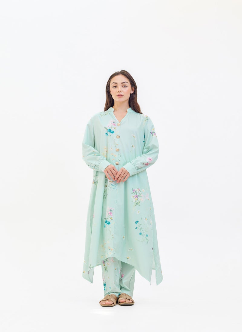 Two Piece Mint Floral Printed Suit