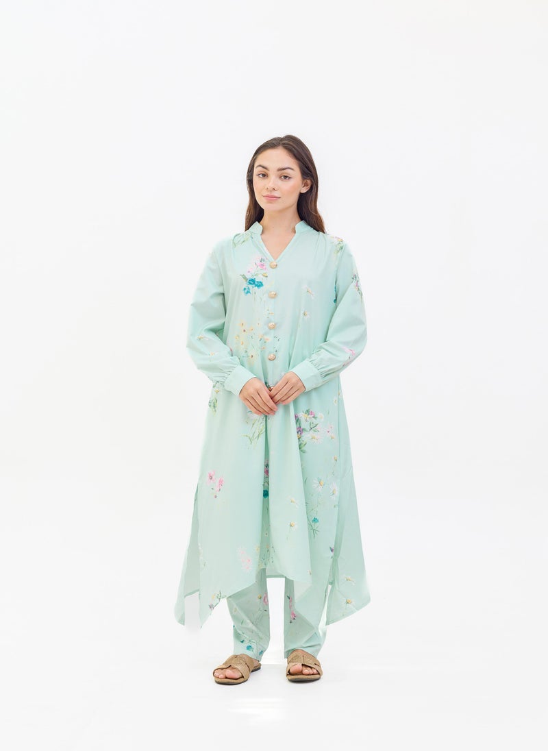 Two Piece Mint Floral Printed Suit
