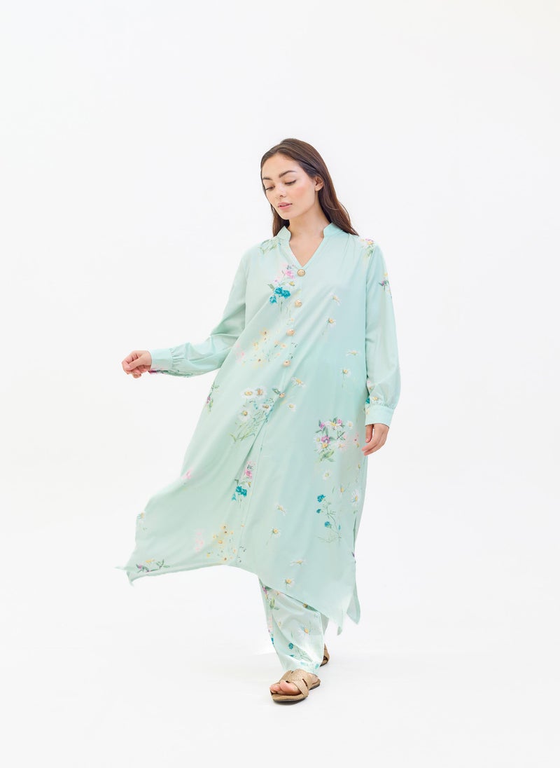 Two Piece Mint Floral Printed Suit